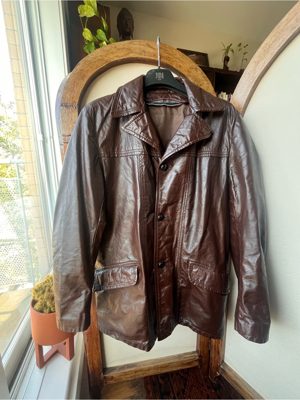 Men's Brown Leather Jacket - Classic Button-Up Coat